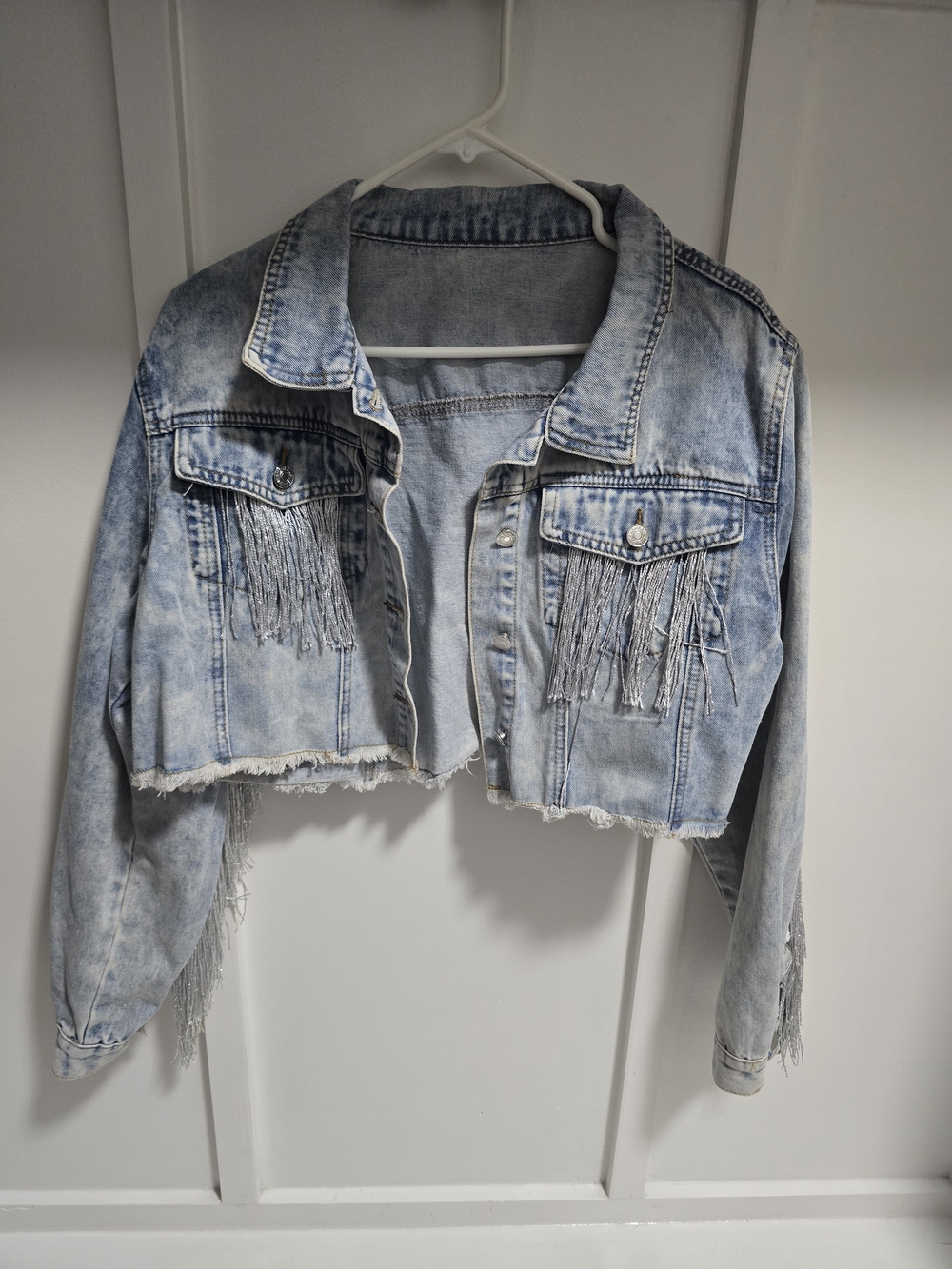 Cropped Light Wash Denim Jacket with Fringe